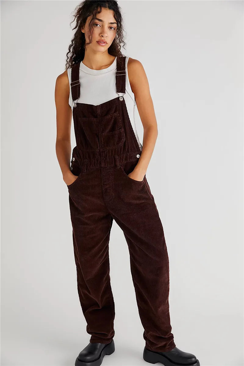 Women's vintage corduroy denim dungarees, retro-inspired for casual and comfortable wear.