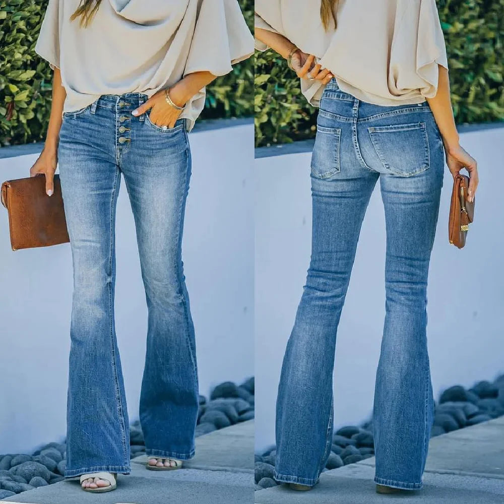 Women's vintage flared jeans, high-waisted, bell-bottom style, classic blue denim for retro fashion.