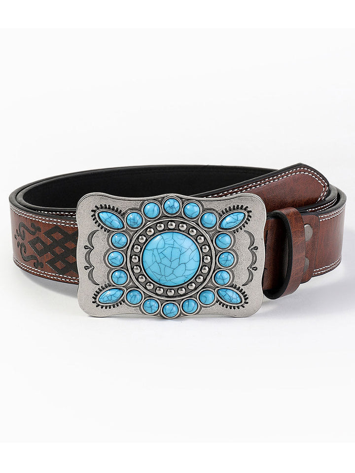 Women's vintage floral gem PU leather belt. Stylish boho fashion accessory, one size fits all.