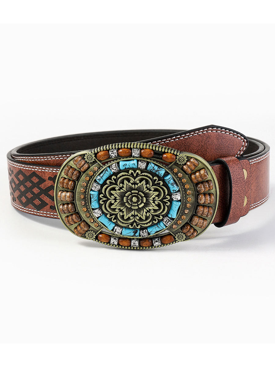 Elegant women's vintage floral gem belt. Boho style PU leather fashion accessory for dresses & jeans.