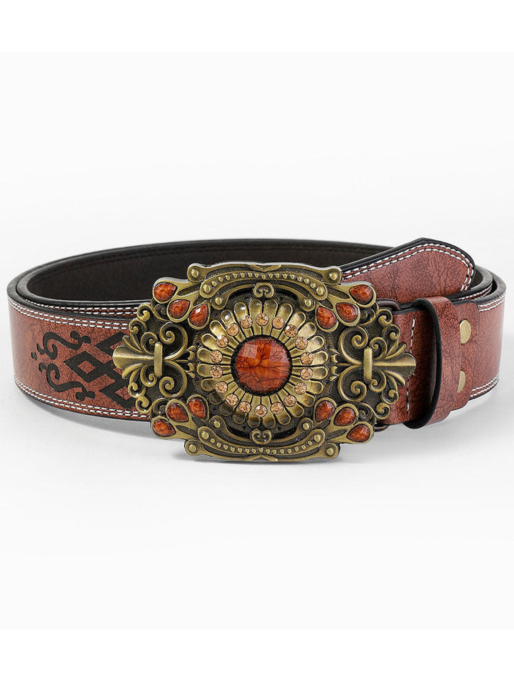 Women's PU leather belt with vintage floral & gem details. Boho-chic fashion accessory for a unique look.