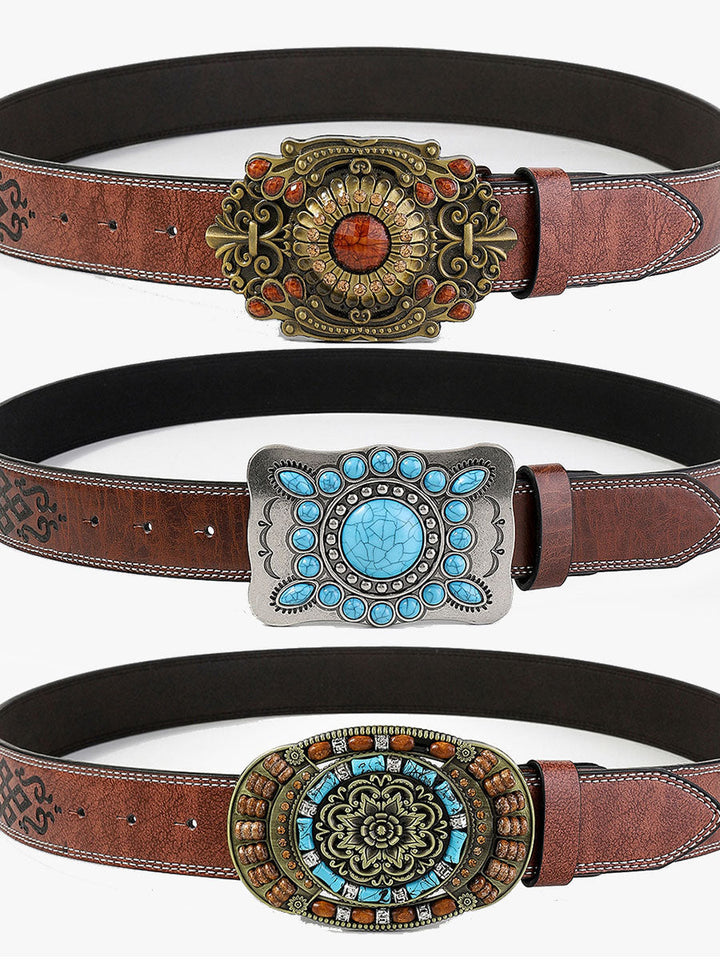 Women's vintage floral and gem embellished PU leather belt. A stylish boho fashion accessory, one size.