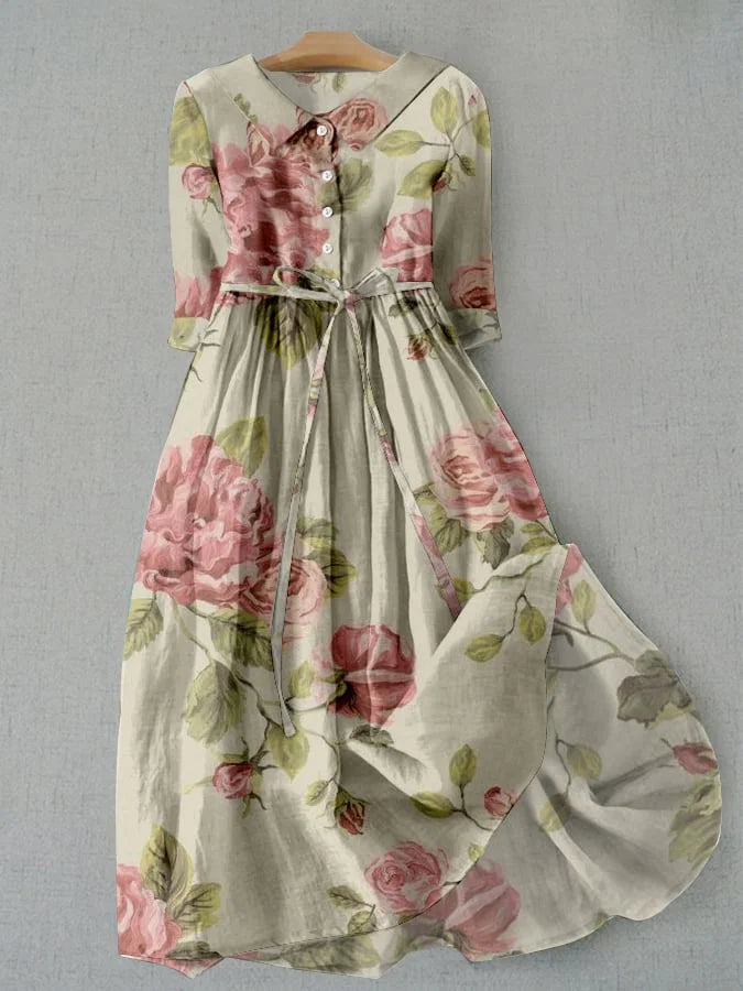 Women's vintage floral summer midi dress with adjustable waist, A-line cut, perfect for casual or party wear.