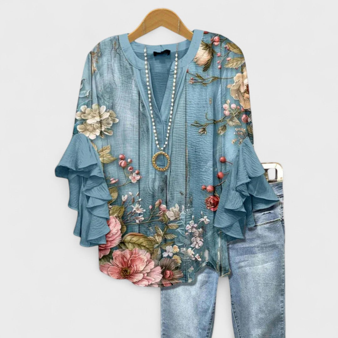 Versatile women's vintage floral top, V-neck and ruffle sleeves for an elegant, casual chic look.
