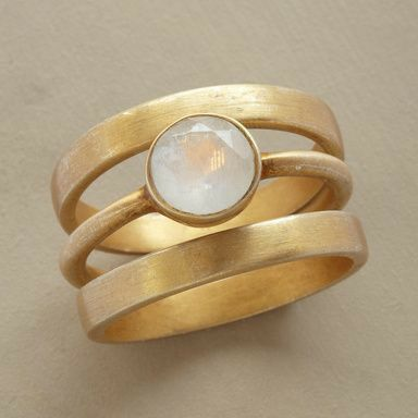 Women's vintage gold plated ring with luminous moonstone inlay. Elegant boho spiritual jewelry, perfect gift.