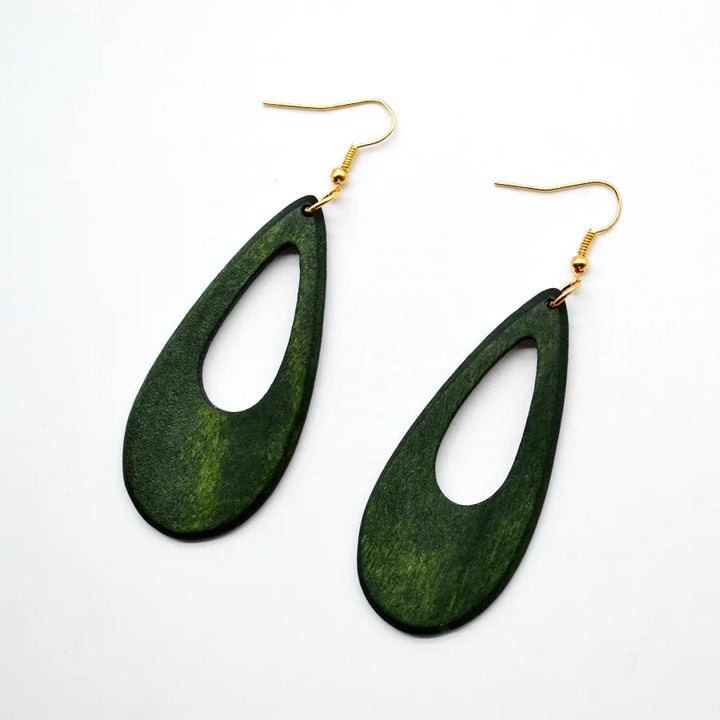 Authentic vintage green carved wooden earrings; handmade unique women's dangle jewelry, eco-friendly accessory.