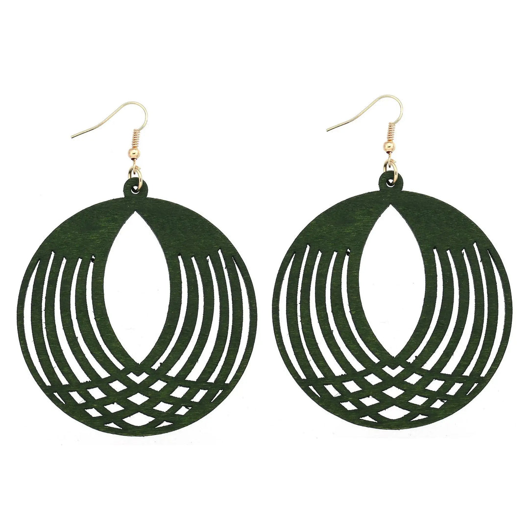 Women's unique vintage green wooden dangle earrings; beautifully carved and handmade eco-friendly jewelry.