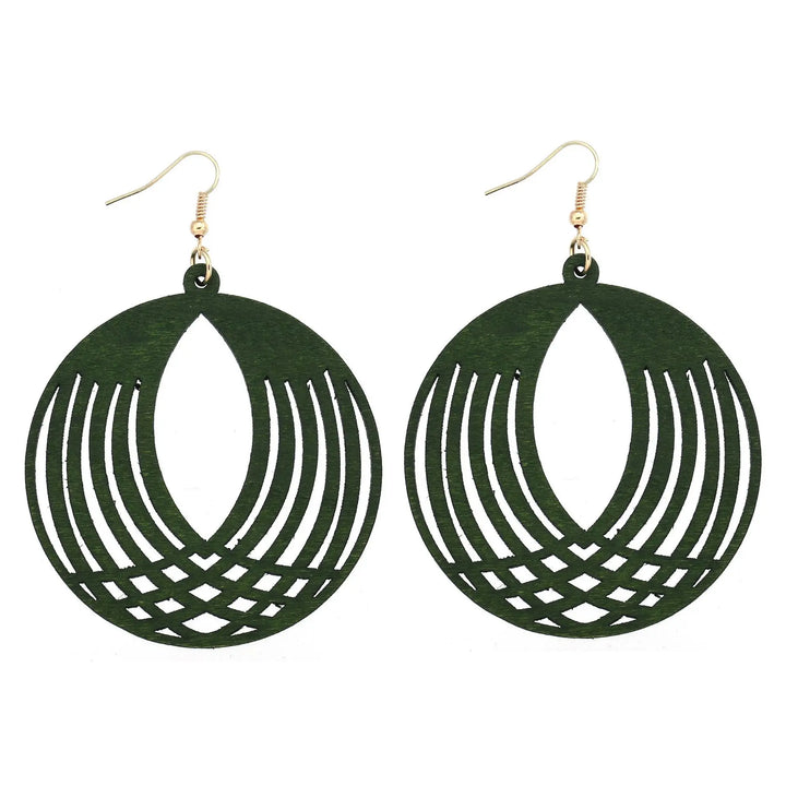 Women's unique vintage green wooden dangle earrings; beautifully carved and handmade eco-friendly jewelry.