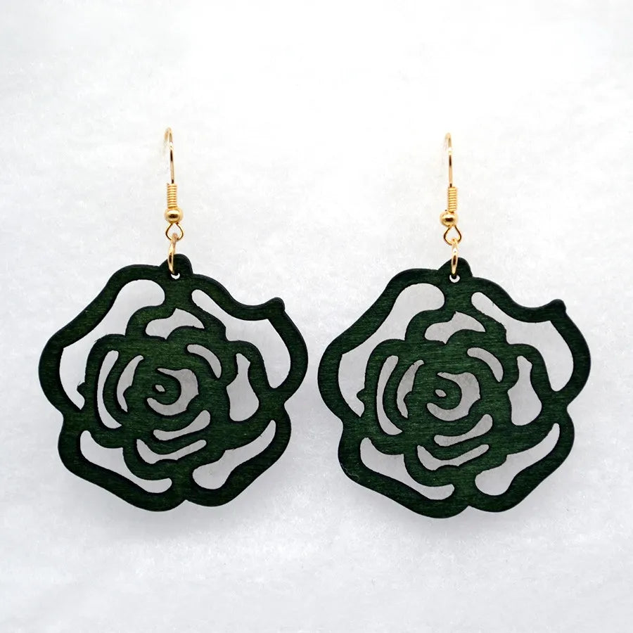 Hand-carved vintage green wooden earrings; unique women's dangle jewelry, an eco-friendly fashion choice.
