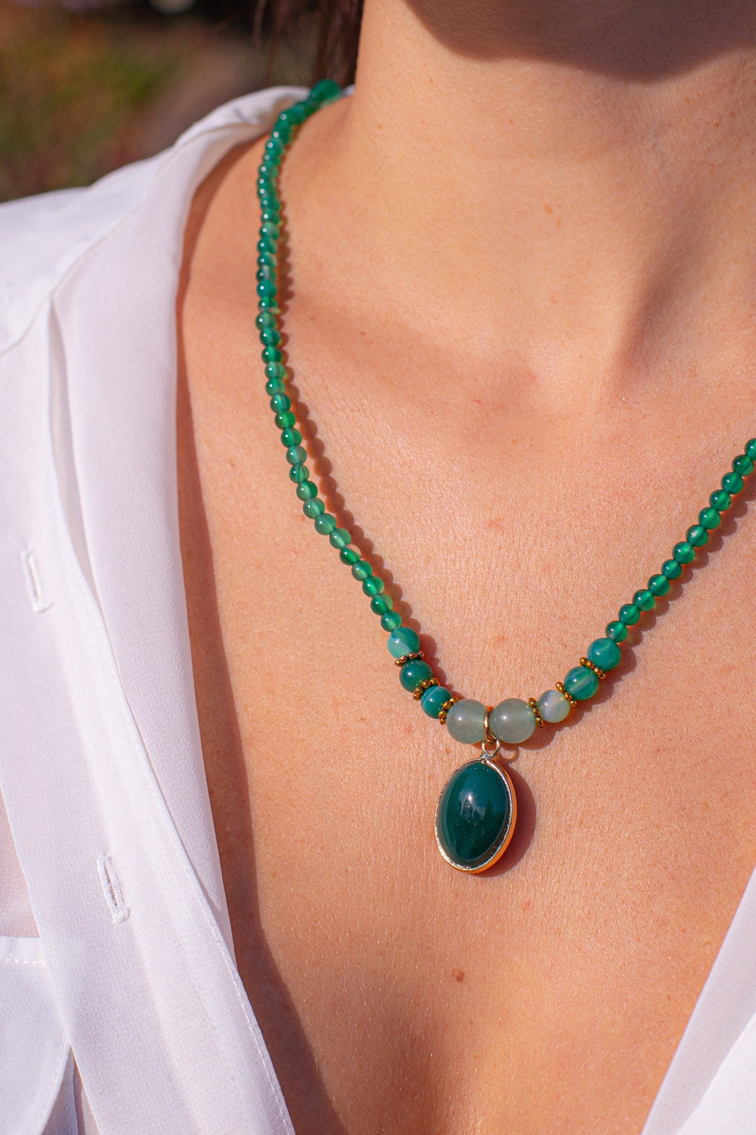 Handmade green onyx gemstone necklace, a calming & protective spiritual gift for women seeking balance.