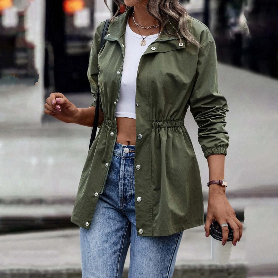 Women's vintage high-waist summer jacket in retro style. Lightweight outerwear for stylish spring fashion.