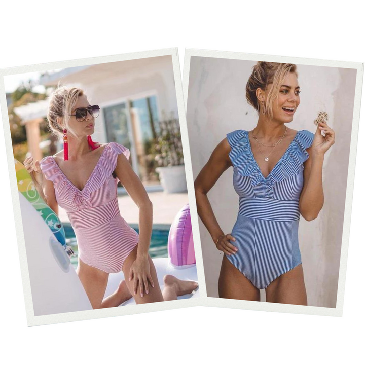 Summer-ready women's vintage-inspired one-piece swimsuit with a chic retro print. Flattering swimwear.