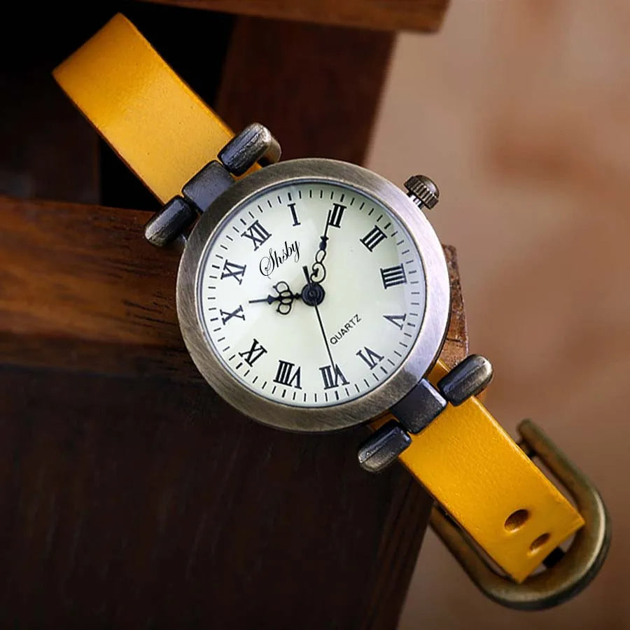 Premium women's vintage watch, reliable quartz movement, and genuine leather strap accessory.