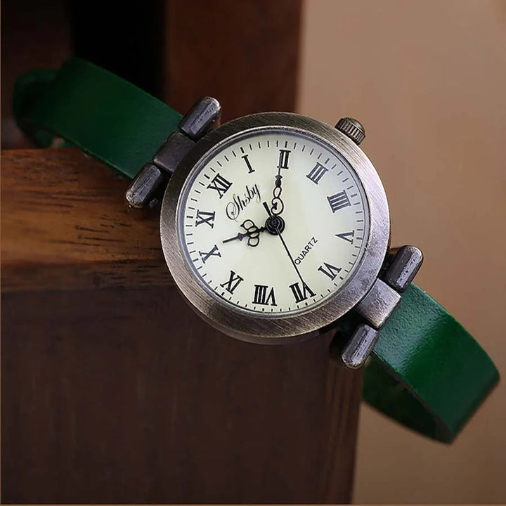 Women's classic quartz watch with a sleek leather strap, perfect for a vintage look.