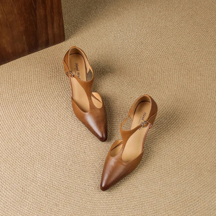 Close-up of the vintage T-strap design on women's heels, showcasing classic style and comfort.