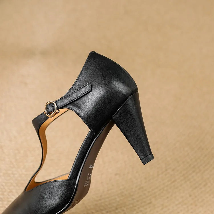 Front view of brown vintage-inspired T-strap heels for women, showcasing the timeless and elegant style.