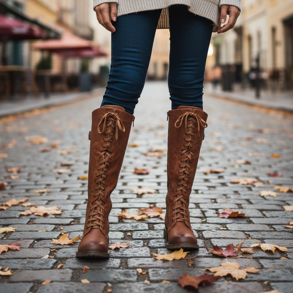 Women's vintage knee-high lace-up boots in black vegan leather with flat heel, side view.