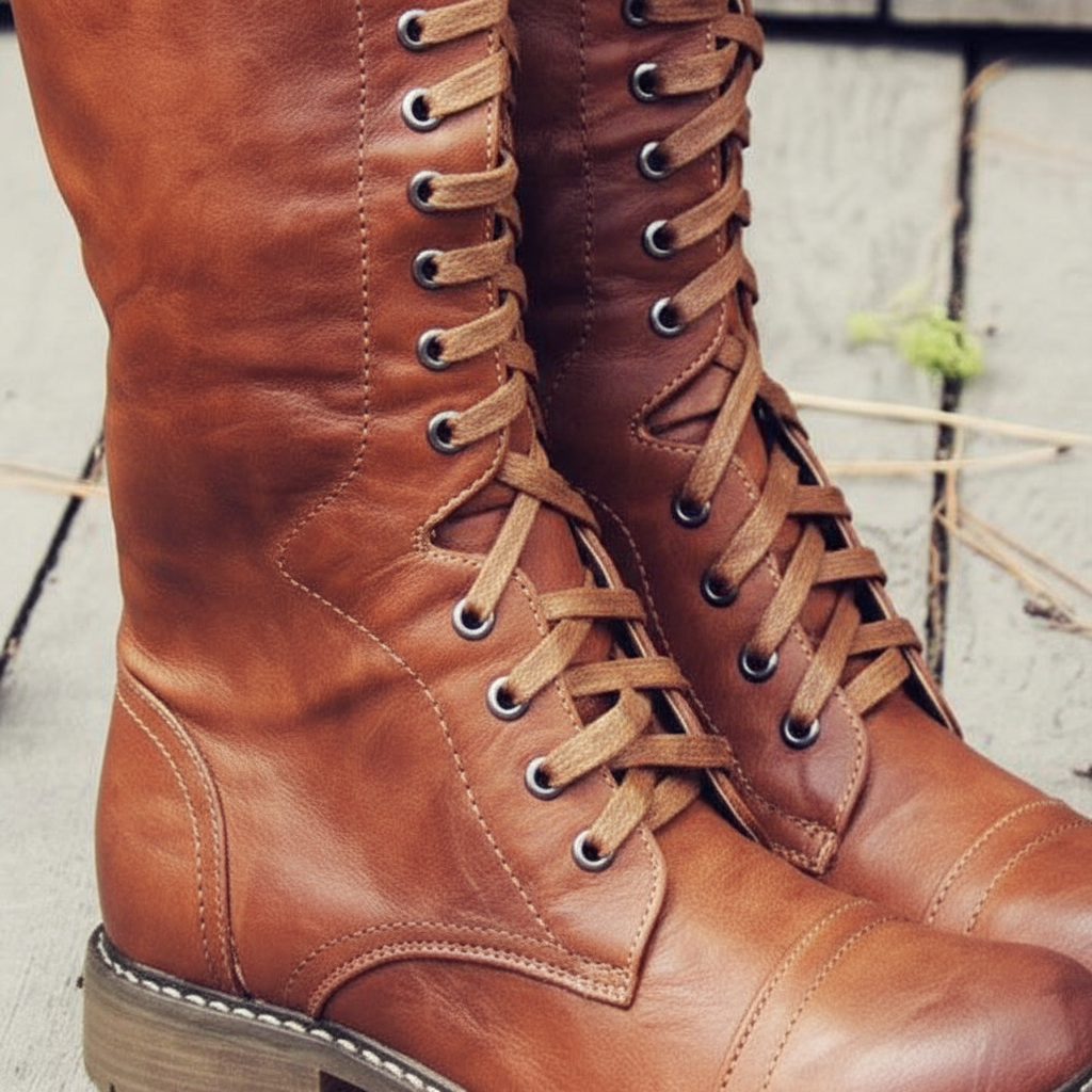 Close-up of the lace-up detail and vegan leather texture on vintage women's knee-high boots.