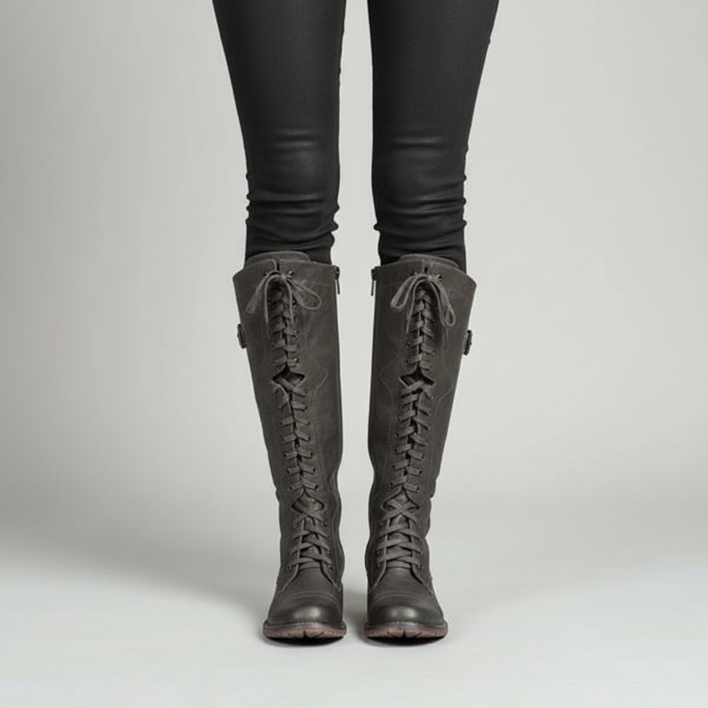 Stylish women's vintage knee-high vegan leather boots, perfect for autumn and winter outfits.