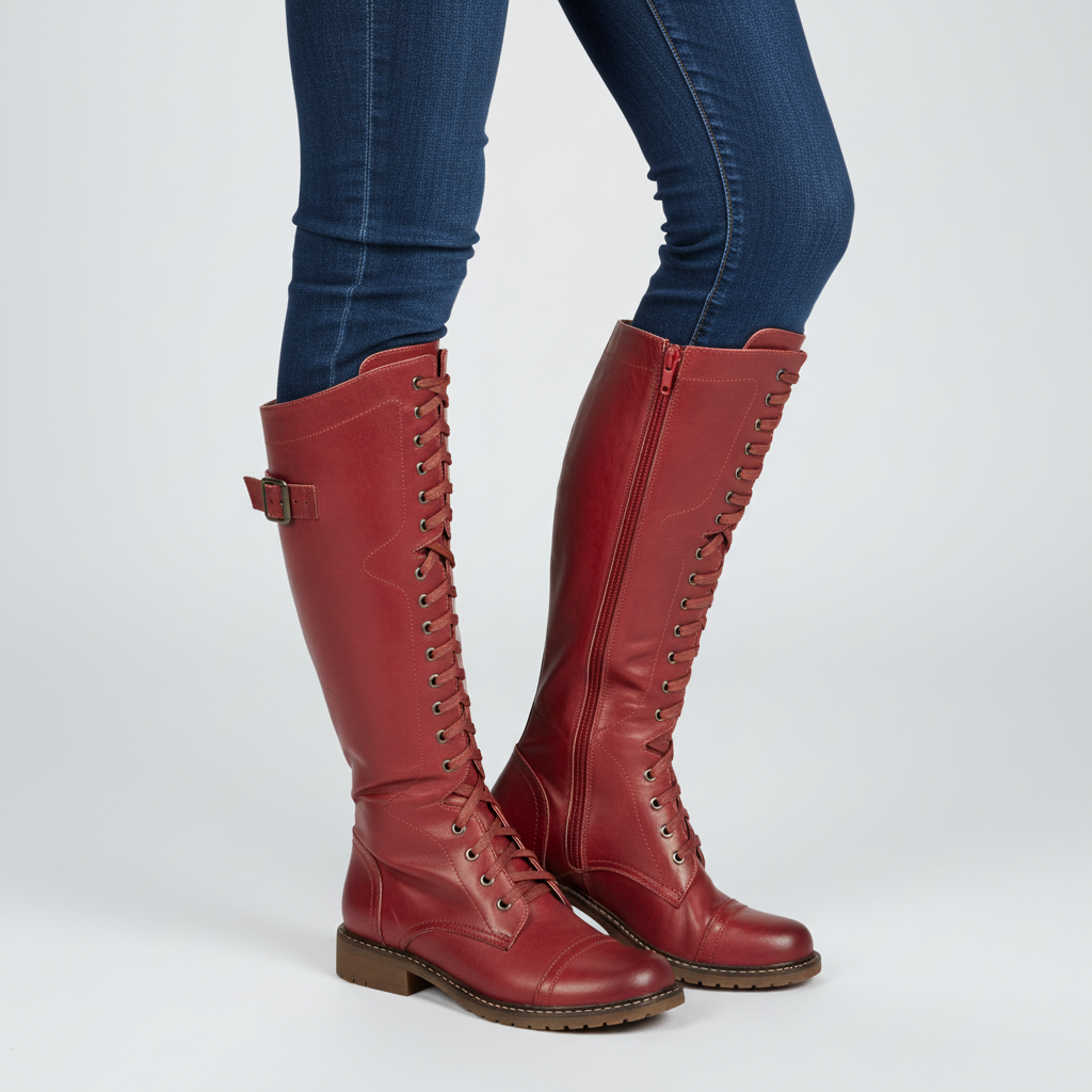 Orthopedic women's black knee-high lace-up boots with a vintage appeal and flat, comfortable sole.