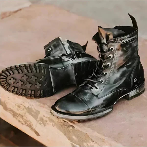 Retro chic women's combat boots, lace-up design. Versatile ankle boots for a fashionable, rugged fall/winter look.