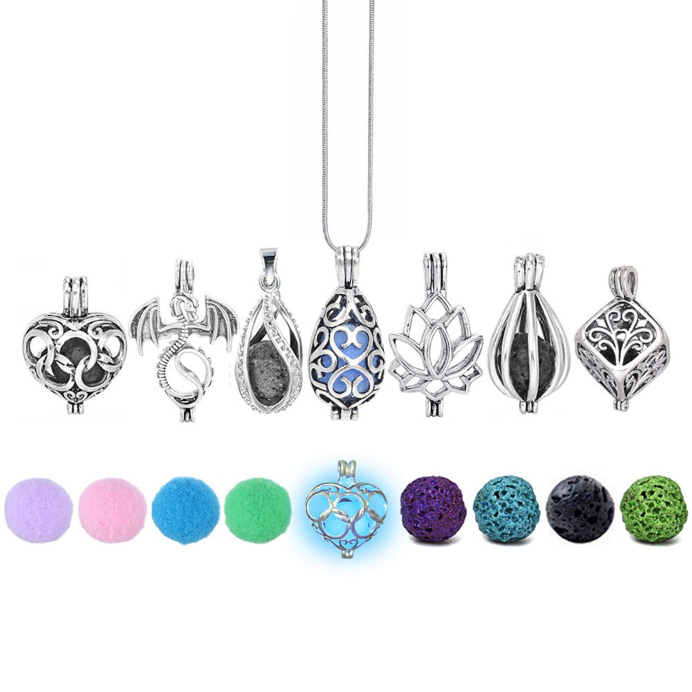 Women's vintage lava stone essential oil diffuser necklace for aromatherapy.
