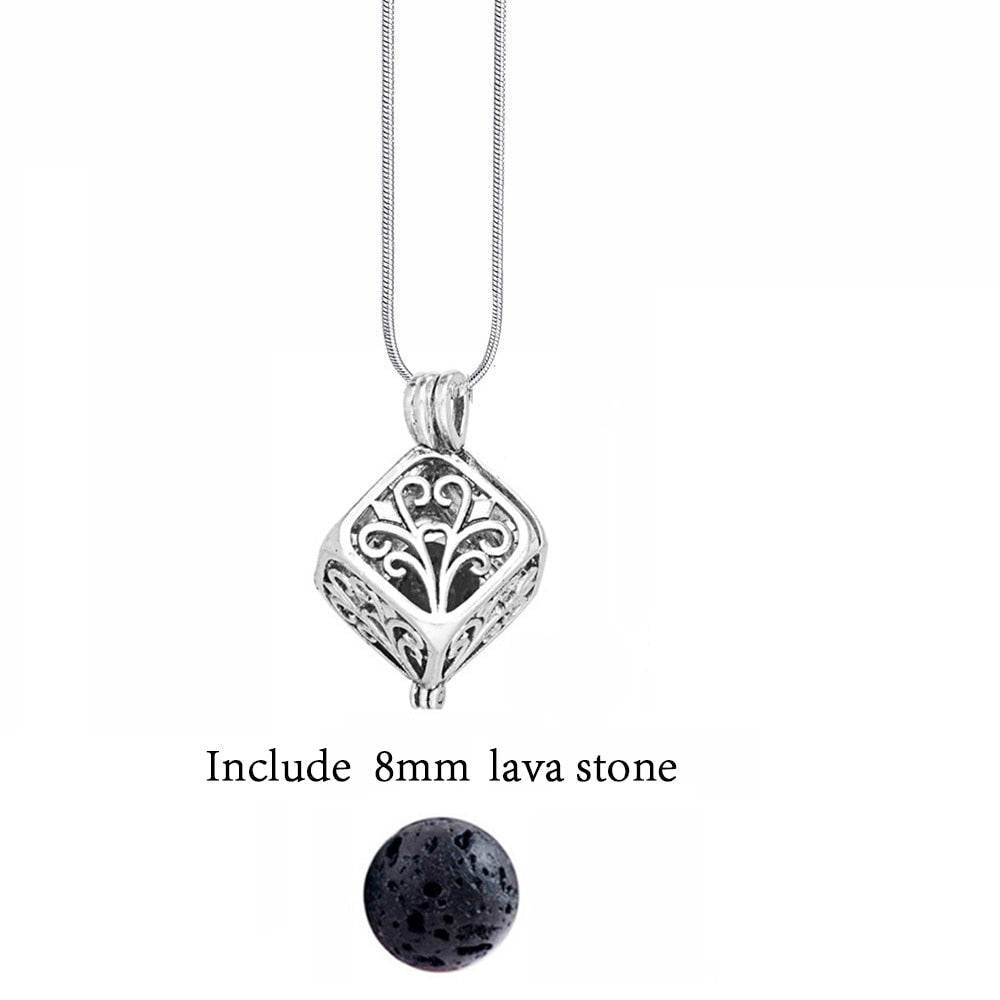 Detailed view of a vintage lava stone essential oil diffuser necklace.
