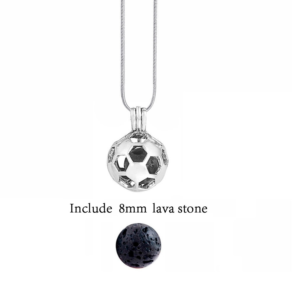 Close-up of the textured lava stone ball on a diffuser necklace for essential oils.