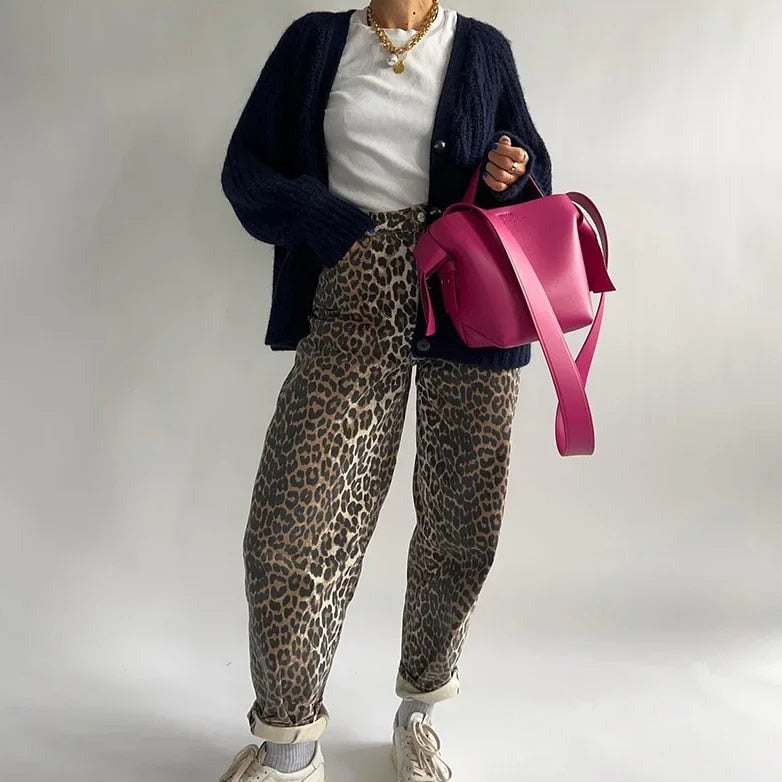 Comfortable women's vintage leopard print high waist jeans with elastic waist for a flattering, trendy fit.