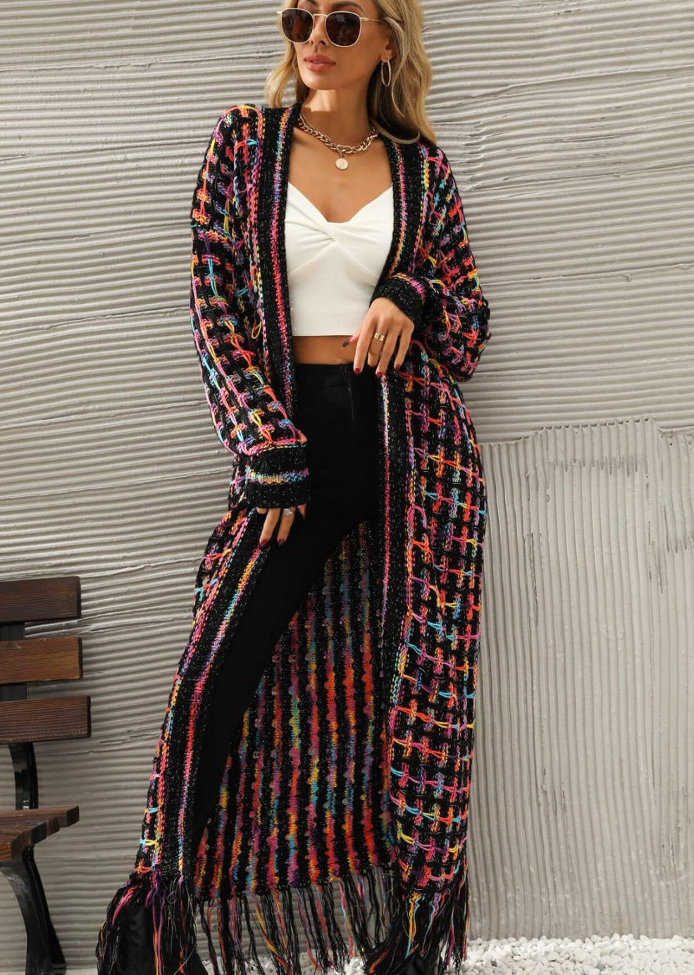 Women's vintage long cardigan sweater, cozy knit style for fall. Loose fit, perfect layering outerwear.