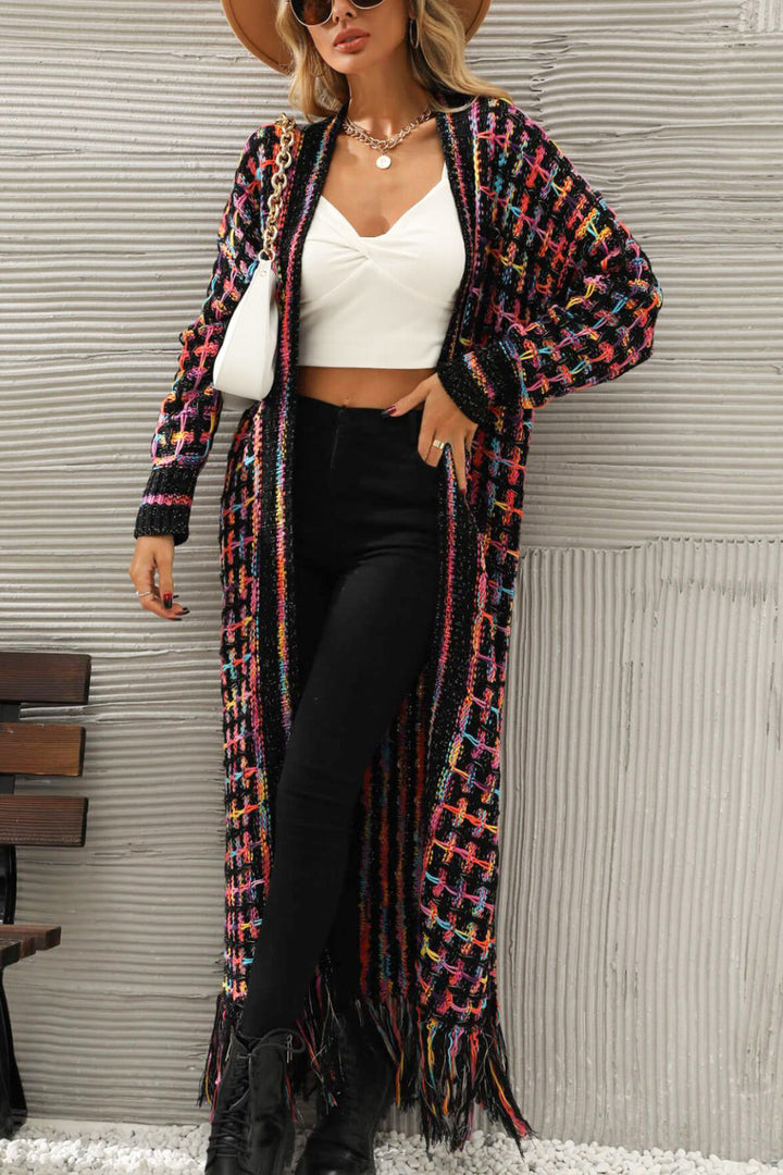 Warm women's vintage long cardigan. Cozy knit outerwear, ideal for fall and winter warmth, a casual chic essential.