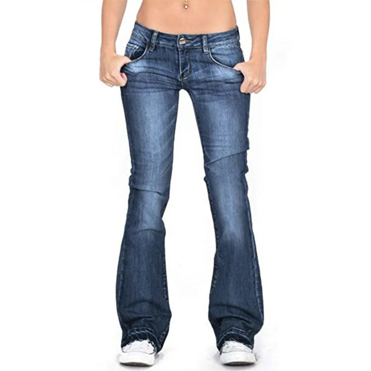 Versatile women's low-rise flared jeans. Vintage retro style, perfect for casual boho chic fashion.