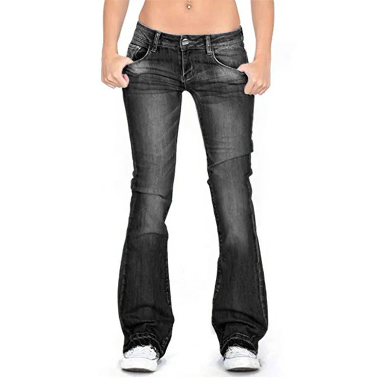 70s inspired vintage low-rise flared jeans for women, offering retro chic comfort and casual style.