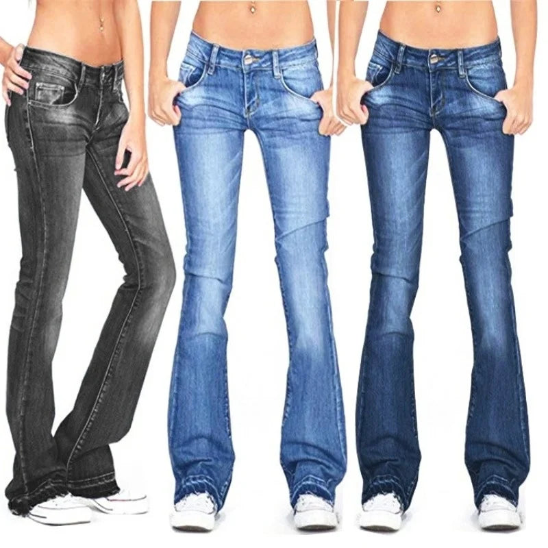 Women's low-rise flared jeans. Vintage retro style, light blue wash, comfortable for everyday fashion.