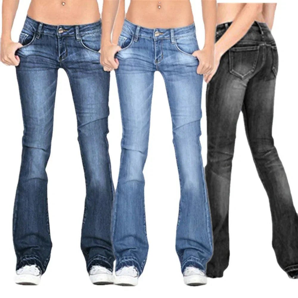 Vintage low-rise flared jeans, women's denim bottoms. Retro chic comfort fit for casual everyday fashion.