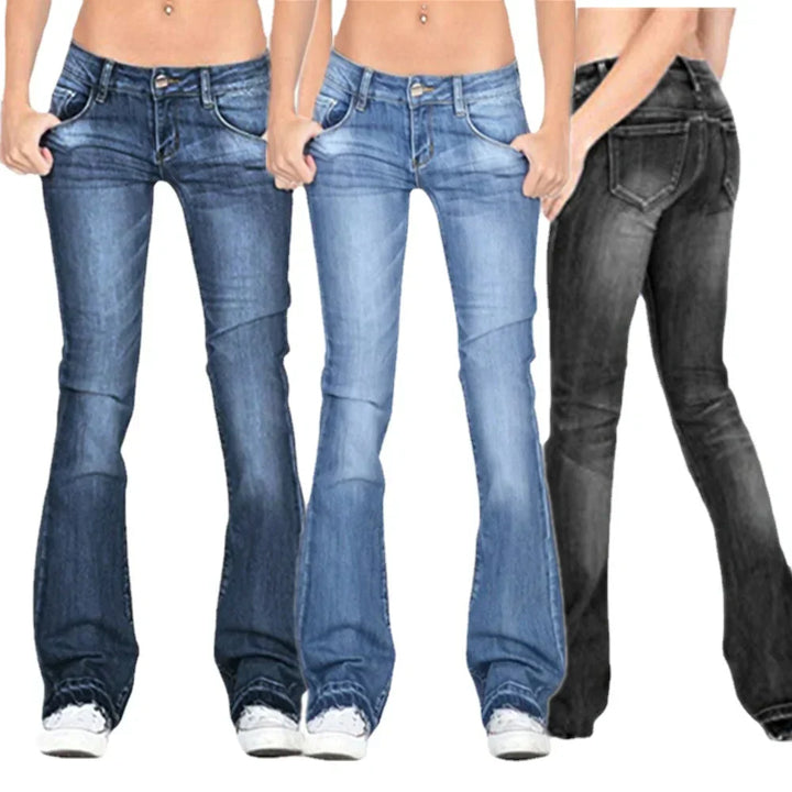 Vintage low-rise flared jeans, women's denim bottoms. Retro chic comfort fit for casual everyday fashion.