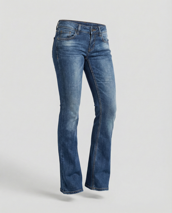 Retro chic low-rise flared jeans for women. Vintage style bottoms for a trendy casual fashion look.