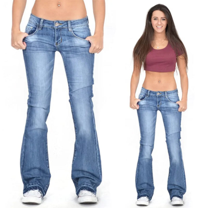 Womens flared jeans with a low-rise waist. Vintage retro style for a boho chic everyday fashion.