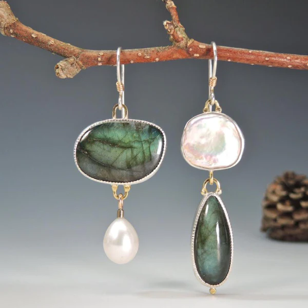 Women's vintage natural stone drop earrings; boho chic dangle jewelry accessory for a stylish look.