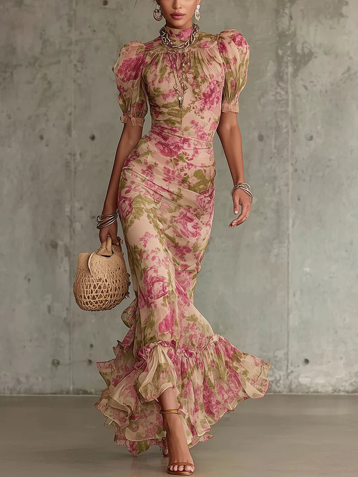 Women's vintage rose print maxi dress with elegant puff sleeves, perfect for summer parties & special occasions.