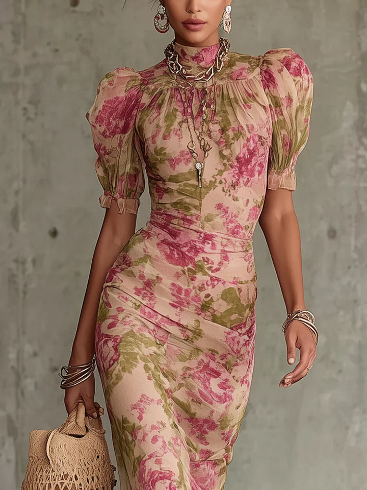 Elegant women's long floral maxi dress featuring vintage rose print and feminine puff sleeves for parties.