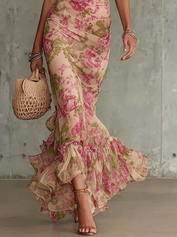 Feminine rose print puff sleeve maxi dress for women, vintage style, ideal for summer fashion & elegant events.