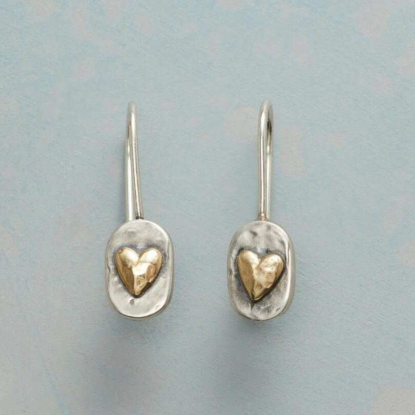 Women's vintage silver dangle earrings featuring a romantic golden heart design. Perfect gift for her.