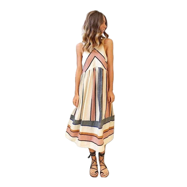 Stylish women's knee-length A-line summer dress, sleeveless with vintage flair, made from breathable cotton.