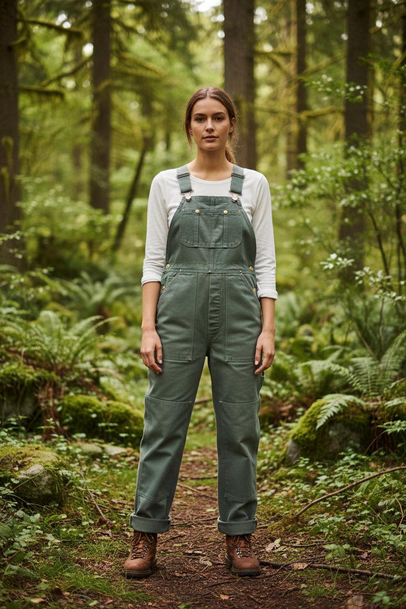Women's vintage-style bib overalls with adjustable straps, perfect for casual wear and comfort.
