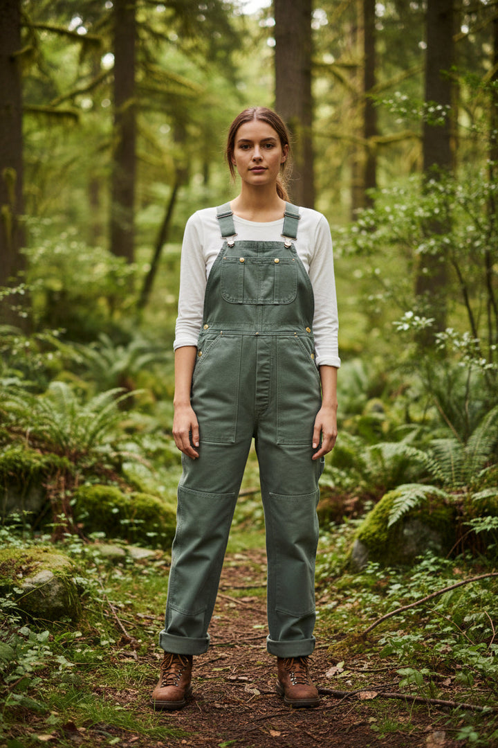 Women's vintage-style bib overalls with adjustable straps, perfect for casual wear and comfort.