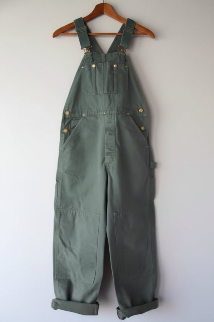 Comfortable women's bib overalls with adjustable straps and functional pockets, vintage fashion.