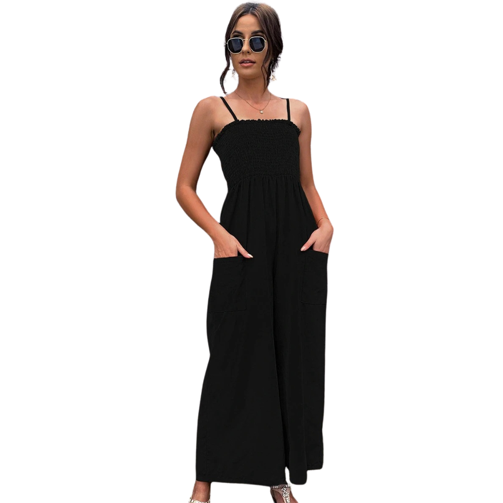 Breathable women's spaghetti strap jumpsuit with pockets, perfect for casual summer wear