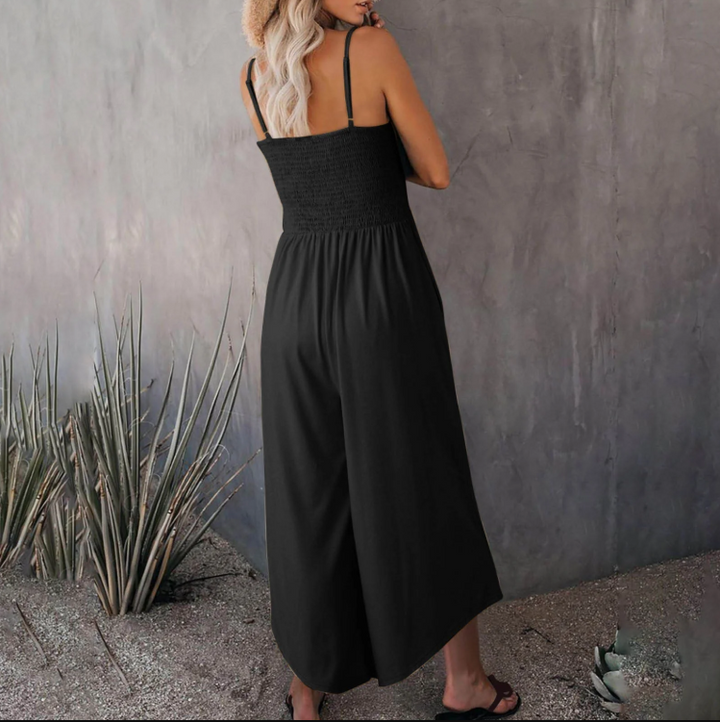 Women's summer jumpsuit, spaghetti strap, wide leg, embodying a classic vintage aesthetic