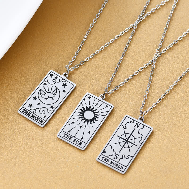Detailed vintage tarot card necklace, women's symbolic spiritual pendant.